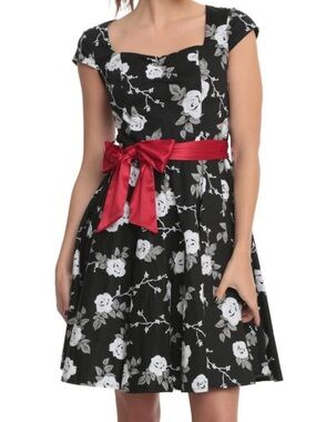 Hell Bunny Vixen Black Floral Dress with Red Sash. Size Small